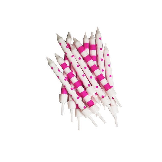 Anniversary House Polka-Dot & Candy-Cane Stripe Candles Hot Pink & White with Holders