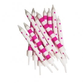 Polka-Dot & Candy-Cane Stripe Candles Hot Pink & White with Holders