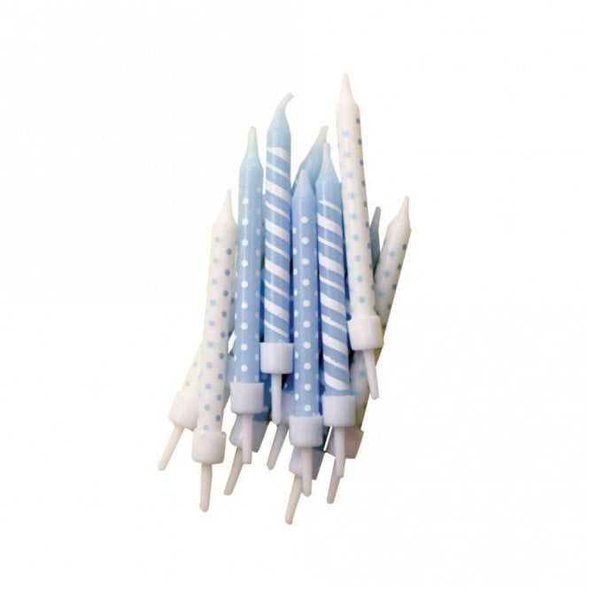 Anniversary House Polka-Dot & Candy-Cane Stripe Candles Light Blue & White with Holders