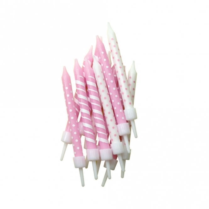 Anniversary House Polka-Dot & Candy-Cane Stripe Candles Light Pink & White with Holders