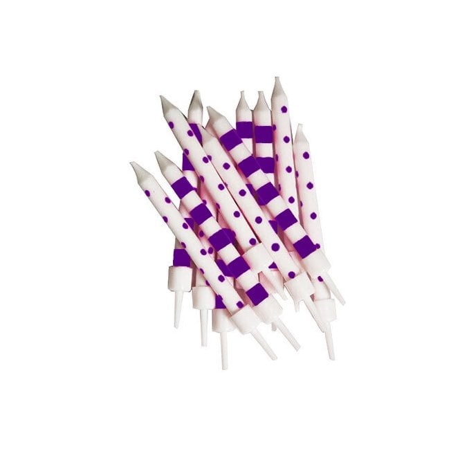 Anniversary House Polka-Dot & Candy-Cane Stripe Candles Purple & White with Holders