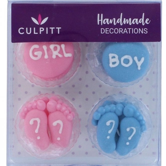 Culpitt 12 Gender Reveal Sugar Decorations Pink And Blue Feet and Discs