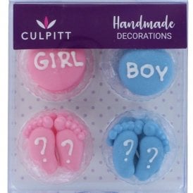 12 Gender Reveal Sugar Decorations Pink And Blue Feet and Discs