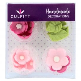 16 Pink Flower & Leaves Sugar Decorations 