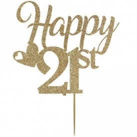 Happy 21st Heart Happy Birthday Cake Topper Gold Glitter