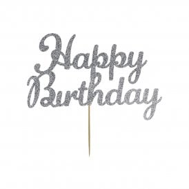 Happy Birthday Silver Glitter Cake Topper 