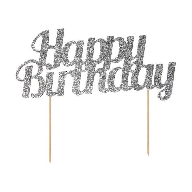 Glitter Happy Birthday Cake Topper Silver