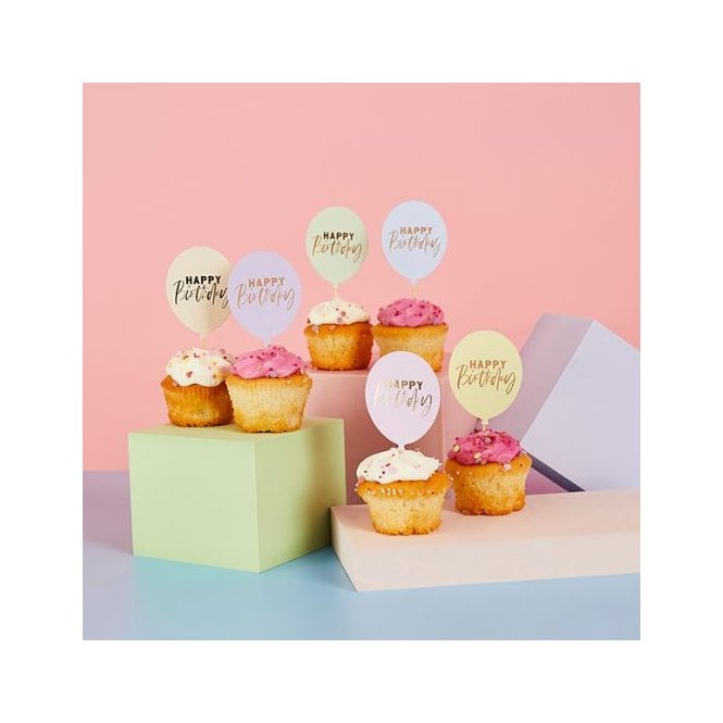 Hootyballoo Pastel 'Happy Birthday' Balloon Food Picks 12 Pack