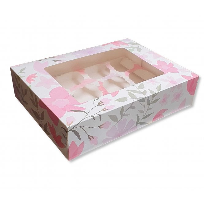 The Cake & Sugarcraft Store 12 Hole Cupcake Box - Pink Flowers