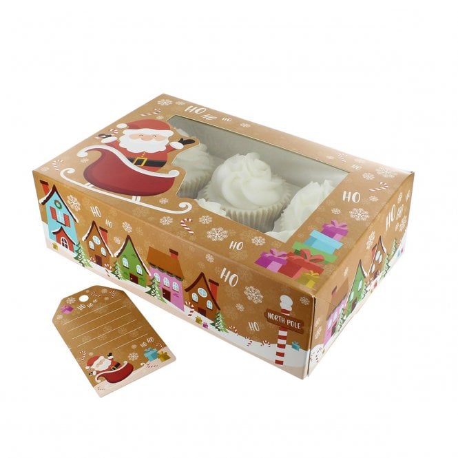 The Cake & Sugarcraft Store 6/12 Cupcake Box & Gift Tag - Santa