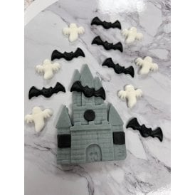 Edible Halloween Cake Topper Castle, Bats And Ghosts