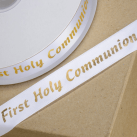 First Holy Communion Ribbon Gold on White Satin 20mm 1 metre 