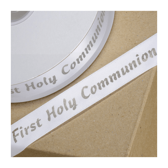 The Cake & Sugarcraft Store First Holy Communion Ribbon Silver on White Satin 20mm 1 metre 