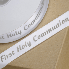 First Holy Communion Ribbon Silver on White Satin 20mm 1 metre 