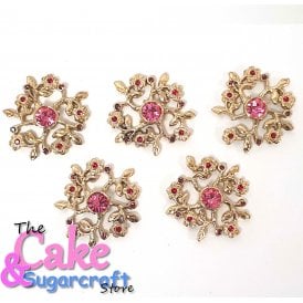 Floral Round Crystal Decoration Gold and Pink Set of 5