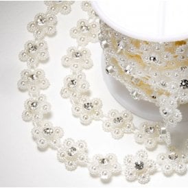 Ivory/Pearl Flower Crystal Diamante Ribbon 1M