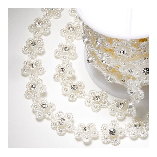 The Cake & Sugarcraft Store Ivory/Pearl Flower Crystal Diamante Ribbon - Full Roll