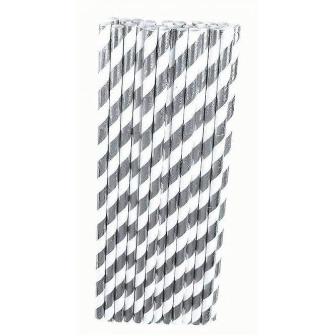 The Cake & Sugarcraft Store Silver and White Striped Straws Pk of 10