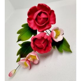 Sugar Peony Spray with Leaves Cerise Pink
