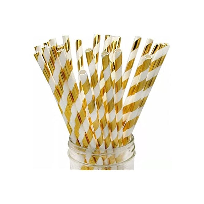 The Cake & Sugarcraft Store White and Gold Striped Straws